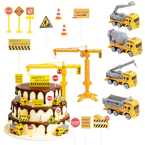 16pcs Tortendeko Bagger - Mini Tortendeko Geburtstag, Baustelle, Einschulung Kindergeburtstag, Verkehrsschildern Deko, Bagger Kuchen, Cake Topper, TortenKuchendeko Geburtstag
