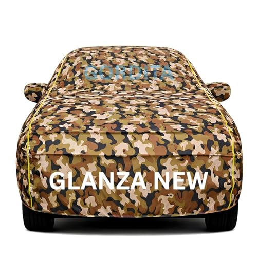 Image of Waterproof Car Body Cover for Glanza New All Weather Protection Comes with Inner Cotton Lining & Triple Stitched with Mirror & Antenna Pocket Belt & Elastic Fit Army with Yellow Piping2