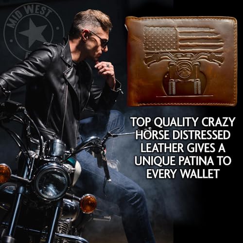 Patriotic Biker Wallet with Chain for Men - Distressed Brown Leather Wallet w/ 10 Card Slots – 100% Leather motorcycle wallet - Mens Chain Wallet. Gift wallet for Biker4