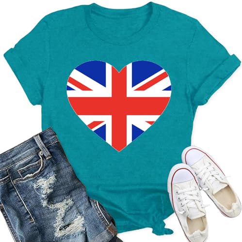Qskall Womens Union Jack T Shirt British Flag Themed Shirts Heart Print Tee Tops Cyan