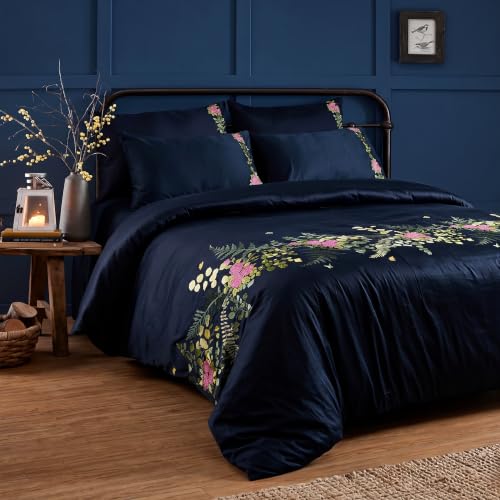 Image of Embroidered Premium Bedsheet Set | 300 TC 100% Cotton 1 Queen Bedsheet Set | Extra Smoothness with Sateen Weave| Autumn Navy Bedsheet Set (1 Flat Sheet + 2 Pillow Cases)