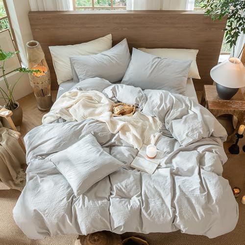 Image of MooMee Wavy Striped Duvet Cover Set 100% Washed Cotton Linen Like Textured Breathable Durable Soft Comfy (Light Grey, Palatial King /Oversized King 120 inchx98 inch)