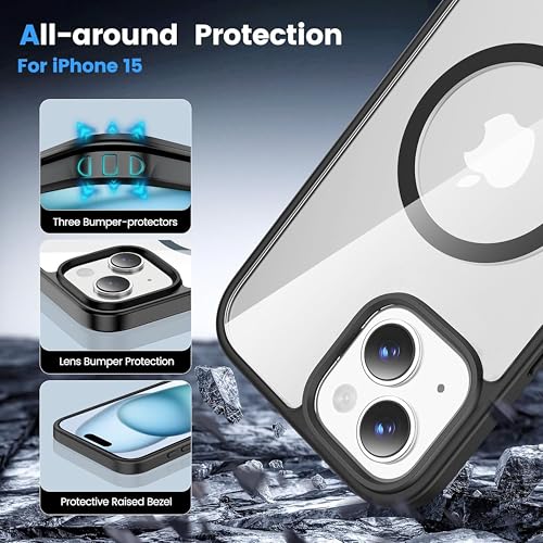 Image of ArmourPro MagSafe Compatible Case for iPhone 15, Magnetic Wireless Charging Back Cover with Clear Back, Flexible TPU Bumper, Camera Protection | Black