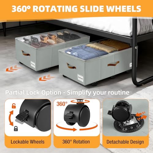 Image of Under Bed Storage with Wheels,Underbed Storage with Sturdy Sidewalls /Bottom, Clear Cover, Label and PU Handle, Rolling Under Bed Drawers for Clothes, Shoes, 11 Inch Height,Grey, 2 Pack