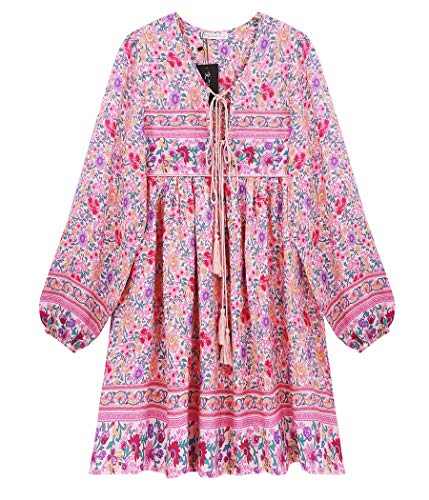 R.Vivimos Womens Long Sleeve Floral Casual Print Cotton Mini Tunic Dress (Medium, LightPink)
