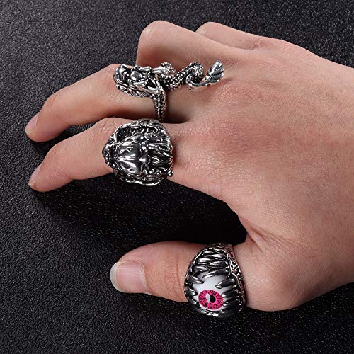 FIBO STEEL 16 Pieces Vintage Punk Rings for Men Women Gothic Rings Silver Black Dragon Snake Claw Skull Octopus Eyes of Hell Open Adjustable Rings Set4