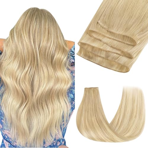Image of GOO GOO Genius Weft Hair Extensions Human Hair, Sew In Hair Extensions Rooted Remy Weft, 18A /60 Blonde Balayage 18inch 50g, Hand Tied Weft Hair Extensions