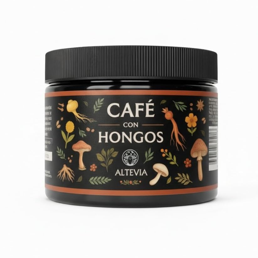 Altevia Café con Hongos, Mezcla de café con Setas y Plantas Naturales (Reishi, Ashwagandha, Melena de León, Cúrcuma, Maca y Cacao)