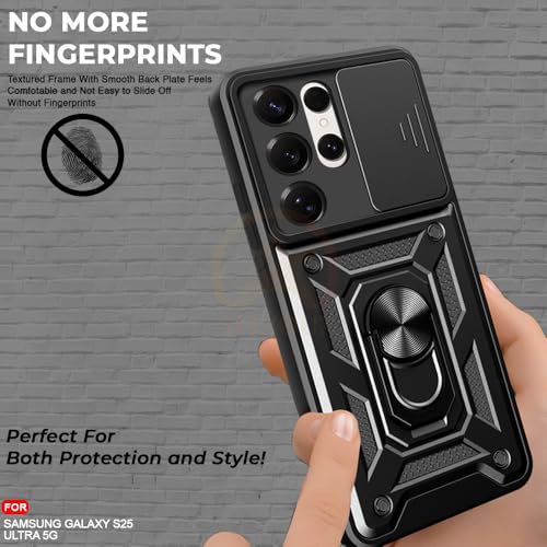 Image of Armor Bumper Back Cover Case for Samsung Galaxy S25 Ultra 5G | Rotating Camera Cover, Ring Holder & Kickstand | Heavy Duty & 360 Degree Protection Back Cover (Black)