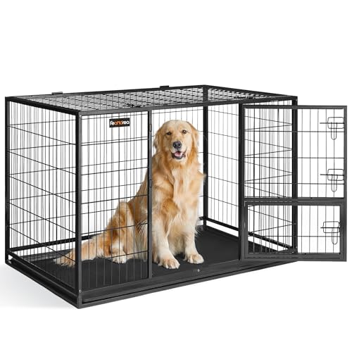 Feandrea Haustierkäfig hochbelastbar Gitterbox transportabel 122 x 75 5 x 80 5 cm für mittelgroße große Tiere sicher 2 abnehmbare Türen XXL tintenschwarz PPD003B01