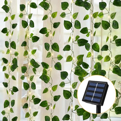 Solar Lichterkette Aussen, 12m 100 LED Efeu Künstlich Solarlichterkette Außen Wasserdicht, 8 Modi Efeu Girlande mit LED Solar, Efeu Dekorative Solarlichter für Garten Balkon Hochzeit Zaun Weihnachten