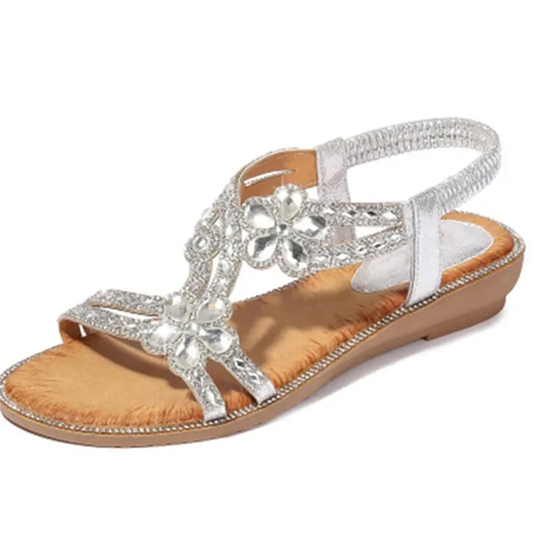 Sandalias de gladiador con banda elástica para mujer, correa delantera y trasera, tacón de cuña, parte superior de poliuretano, bohemio, floral, casual