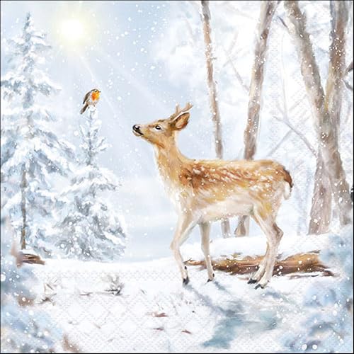 20 Servietten Winter Reh trifft Vogel im Winterwald als Tischdeko....