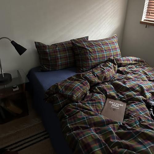 Image of EAVD Vintage Style Buffalo Plaid Duvet Cover King Soft 100% Washed Cotton 3-Piece Colorful Checkered Grid Bedding Set for Women Men Reversible Retro Gingham Comforter Cover with Zipper Closure