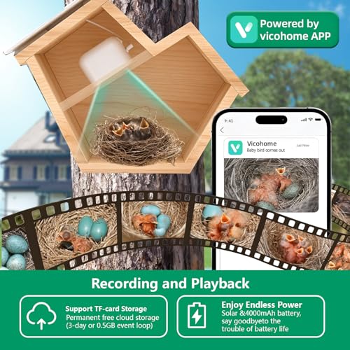 Bird House with Camera,Birdhouses for Outdoors Waterproof Solar Powered, 2K HD AI Camera Recognition for Over 10,000 Species, Real-time Videos & Pictures, Birdhouse Kit for Bird Lovers (Green)
