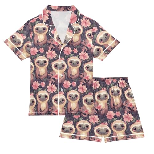 ALAZA Cute Monkey Blossom Flower Satin Pajamas Set Short Sleeve Button Down Sleepwear Summer Pjs 2 Piece