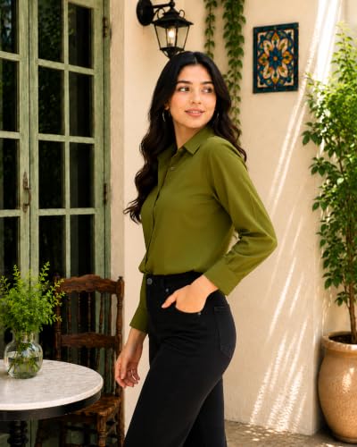 Image of FUNDAY FASHION Women Solid Regular Fit V Collered Casual Shirt