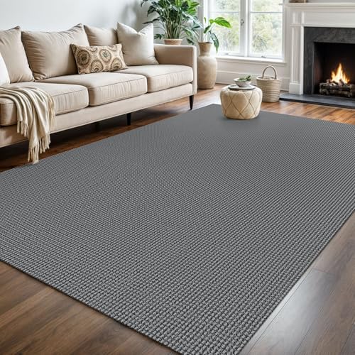 KOZYFLY Washable Area Rug 6x9 ft Rubber Backed Non Slip Rugs for Living Room Braided Cotton Bedroom Rug Woven Office Rugs Indoor Floor Carpets for Dining Bedroom Living Room, Grey/Dark Grey