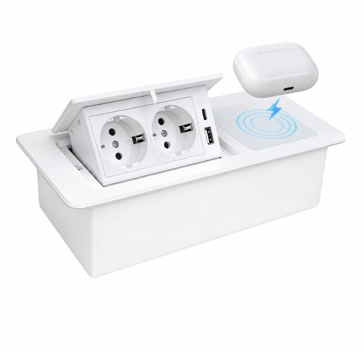 Wysuwane gniazdko elektryczne do zabudowy, z USB PD20 W, szybkie ładowanie, gniazdko na biurko z bezprzewodową ładowarką 15 W, gniazdko stołowe do kuchni, na blat roboczy (białe)