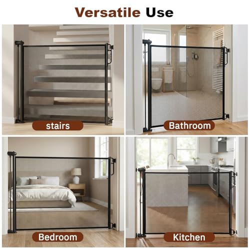 Image of Baybee Retractable Baby Safety Gate Fence for Kids & Pets | 140 cm Stretchable Mesh with Secure Childproof Lock | Foldable Drill-Mount Barrier for Door, Stairs & Kitchen (Black)