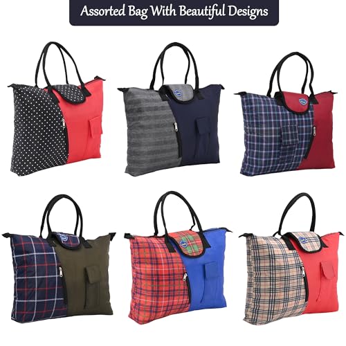 Image of Urbane Home Pack of 3 Foldable Shopping Bags For Women with 3 Small Pockets | Grocery /Vegetable Bags For Market | Blue,Brown & Grey