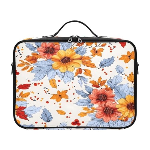 Travel Makeup Train Case Flower Yellow Pattern Blue Leaves Cosmetic Organizer Portable Storage Bag with Adjustable Dividers for Cosmetics Brushes Toiletry Jewelry Digital Accessories