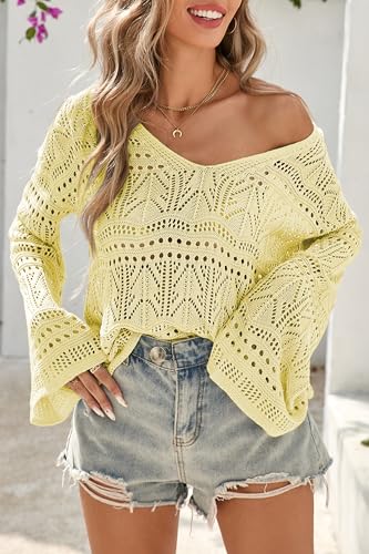 Image of Cakulo Womens Spring Summer Off Shoulder Crochet Boho Tops Lightweight V Neck Sweaters 2026 Vacation Cruise Yellow M