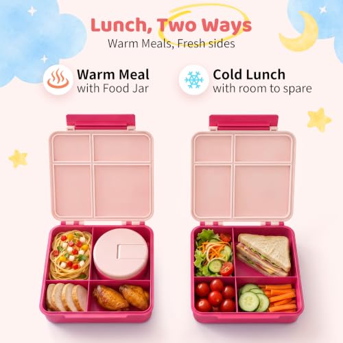 Image of Pawtong Bento Lunch Box with 8oz Soup Thermo, Kids Leakproof Lunch Food Containers with 4 Compartment, Kids Thermo Insulated Hot Food Jar for School, Trvael - (Pink)