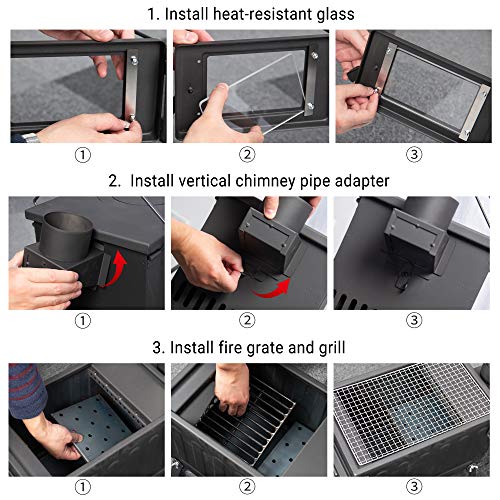 Fltom Camp Tent Stove, Portable Wood Stove for Tent with Large Firebox, Include Heat Resistant Glass, Stainless Steel Grill and Chimney Pipes
