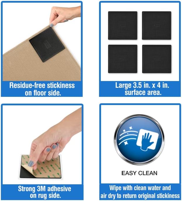 Miniatura 2 de Haute Home - Juego de 4 pinzas para alfombras, cinta antideslizante, color negro, suelos de madera dura