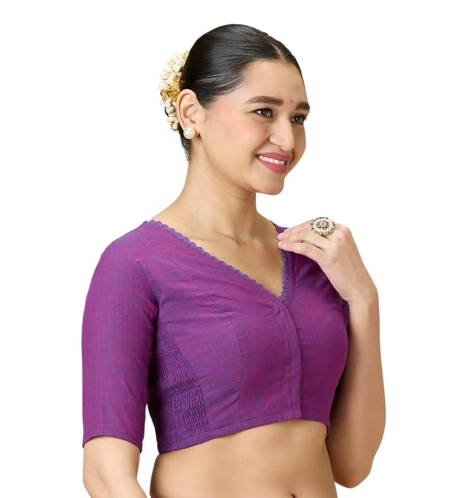 Image of Studio Shringaar Women's Handloom Cotton Side Stretchable (Smocked) Readymade Saree Blouse with Crochet Neckline
