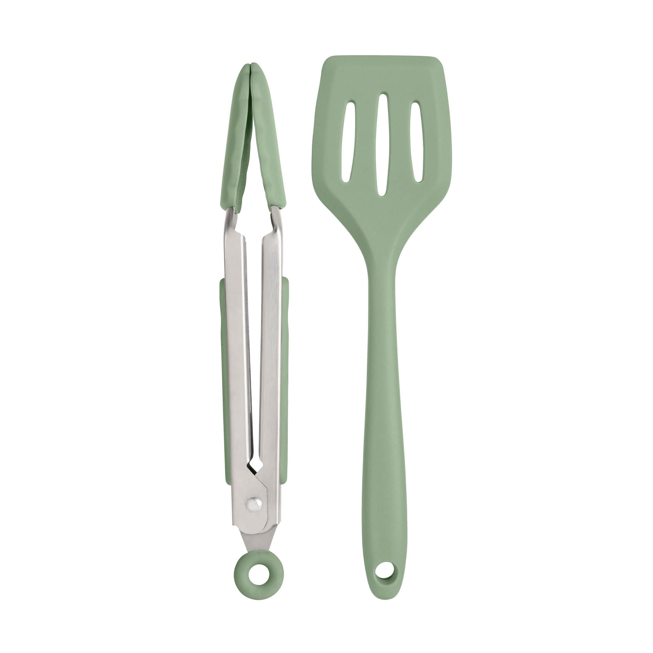 Wiltshire Silicone Mini Kitchen Tongs & Turner, Set of 2, Serving Spatula & Cooking Tongs, Salad BBQ Tongs Stainless Steel, Fish Slice, Heat-Resistant Utensil, Non-Stick, Non-Scratch, Moss