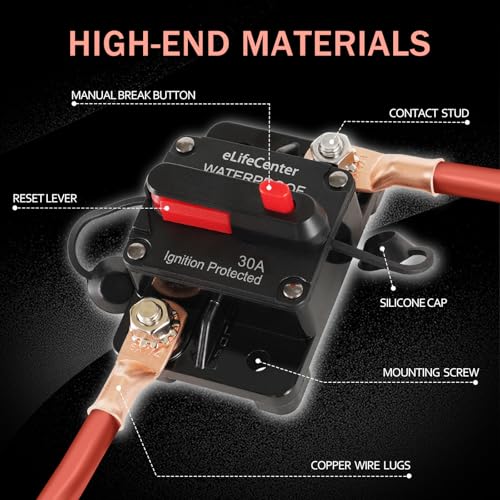 Elifecenter Waterproof 30 AMP Circuit Breaker Box DC 12V-48V Power Protector for Trolling Motors Winches Vehicles Boat Marine Stereo Audio Solar Battery System with Manual Reset