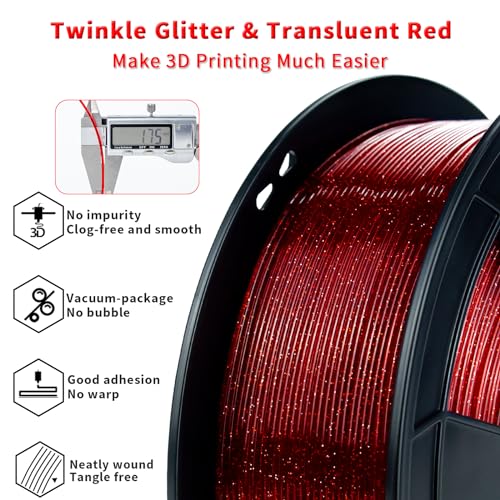 Image of ZIRO Glitter PLA Filament 1.75mm, Semi-Transparent PLA Base, 3D Printer Filament Shiny Sparkle Material with Glitter, Twinkle Series 1KG Spool, fit Most FDM 3D Printers, Twinkling Red