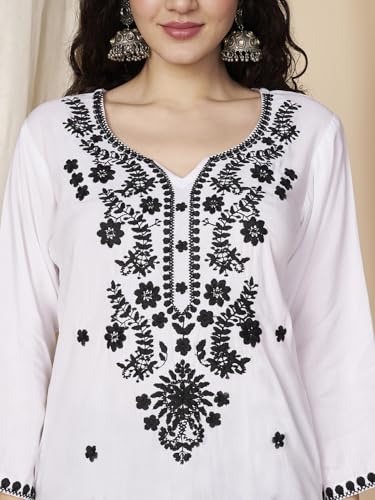 Image of Short Kurti for Women for Jeans, Chikankari Kurtis for Ladies, Lakhnavi V- Neck Women's Tunic Design Kurta, Floral Kurtas & Tunics for Woman
