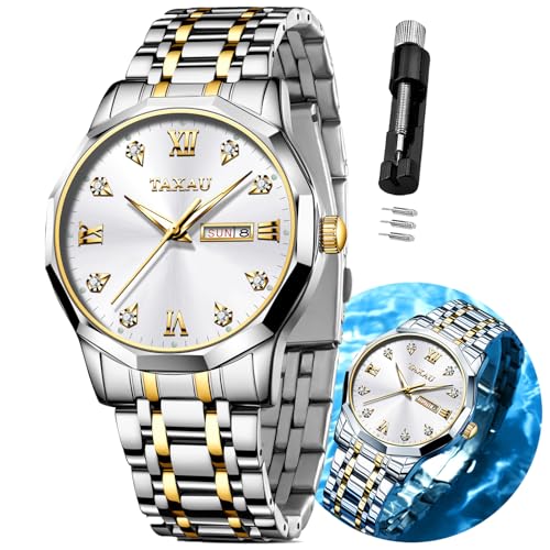 Taxau Watch Men Gold and Silver Watch White Big Face Watch for Men Water Resistant Diamond Dress Men's Watches Stainless Steel Day Date Quartz Watches for Men