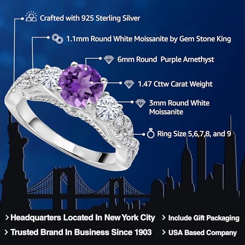 Gem Stone King 925 Sterling Silver Purple Amethyst and White Moissanite Engagement Ring For Women (1.47 Cttw, Gemstone February Birthstone, Round 6MM and 3MM)2