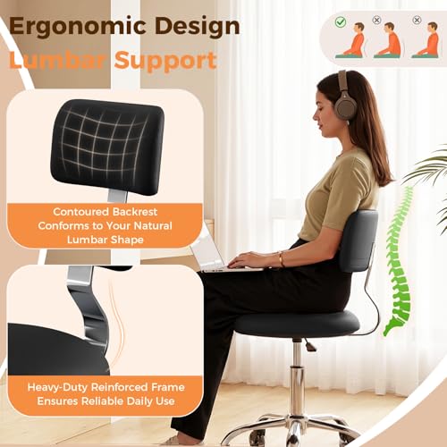 Image of Rolling Stool Chair with Wheels, Office Drafting Chair with Back Support, Height Adjustable Standing Desk Stool with PU Leather Cushion for Home Office Kitchen Vanity Spa Garage Tattoo Dentist, Black