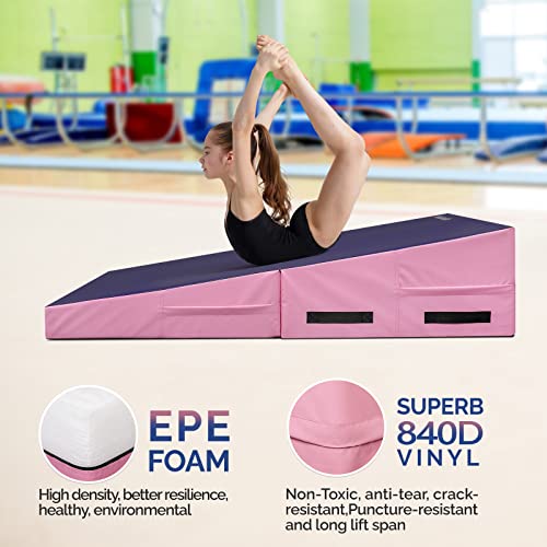 Matladin Folding Gymnastics Cheese Wedge Incline Mat, Gym Fitness Tumbling Skill Shape Mat For Kids Girls Home Training Exercise (55"X28"X14", Purple+Pink) #TOP1