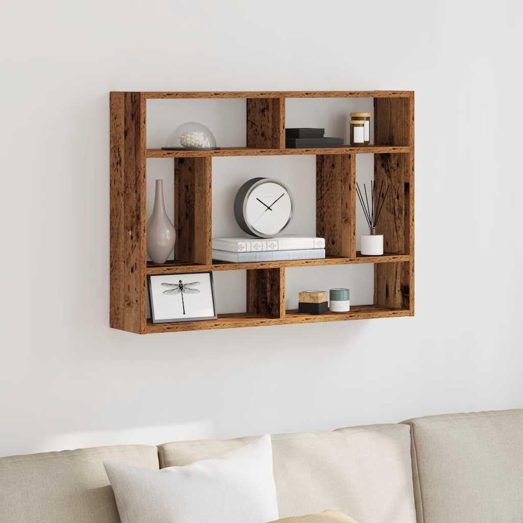 Wandregal aus Akazienholz 75 x 16 x 55 cm in Altholz-Optik mit Stauraum für Bücher Deko und Pflanzen für Wohnzimmer Büro und Badezimmer