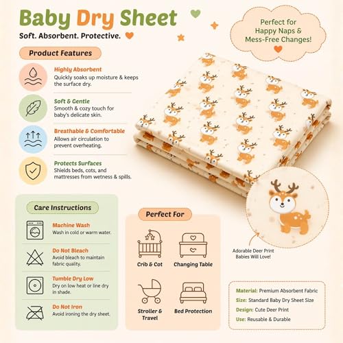 Image of Zikku Printed Polyurethane 40 TC Dry Sheets for Baby Medium Size Soft |Comfortable |Extra Absorbency|Fast Dry (100x70 cm, Yellow, Deer Print)