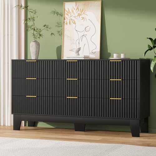 Image of Garvee 9 Drawer Dresser for Bedroom, 59 inch Wide Fluted Chest of Drawers with Metal Handle, Modern Wooden Dresser TV Stand, Clothes Storage Organizer Wood Closet for Hallway, Entryway, Black