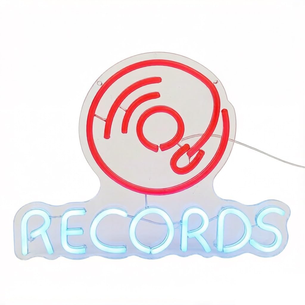 Dimmable Neon Music Sign for Rock Bar, Nightclub & Festival Decor(Records (32 * 42cm))