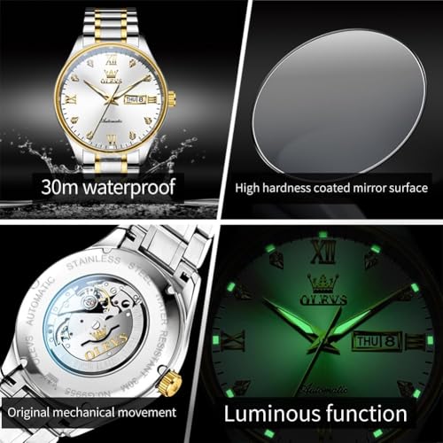 Image of OLEVS Automatic Watches for Men Self Winding Mechanical Wristwatch Luxury Business Dress Stainless Steel Luminous Waterproof Calendar Mens Watch