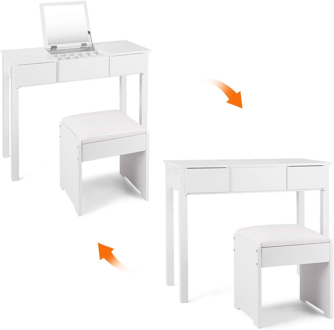 Casart Bathroom Vanity Dressing Table with Flip Top Mirror 2 Drawers 3 Removable Organizers (White)