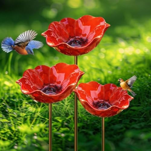 Metal Flower Garden Stakes with Bee Bath & Bird Water Bowl Watering Station Hummingbird Bath Cup for Outdoor Yard Decor (1PC-RED)