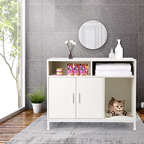 Amunrbrek Litter Box Enclosure,Cat Litter Box Furniture Hidden,Large Cat Washroom With Doors,Modern Hidden Litter Box Cabinet White #TOP2