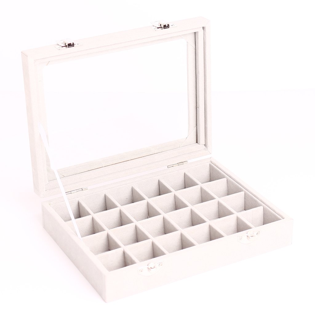 Importe 24 Grids Display Case Glass Top Jewelry Box Organizer Storage Container Grey