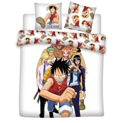 Parure de Lit One Piece Team 2 Personnes - Housse de Couette 240x220 cm + 2 Taies d'oreiller 65x65 cm - Polycoton - Certifié Oeko-Tex - Design Luffy &...