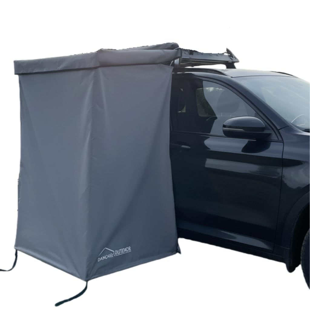 DANCHEL OUTDOOR Car Side Shower Awning with Roof, 3.3x3.3ft Portable Roof Rack Vehicle Shower Privacy Tent Shelter Enclosure Overland Camping Changing Room Bathroom w/LED Light, Gray